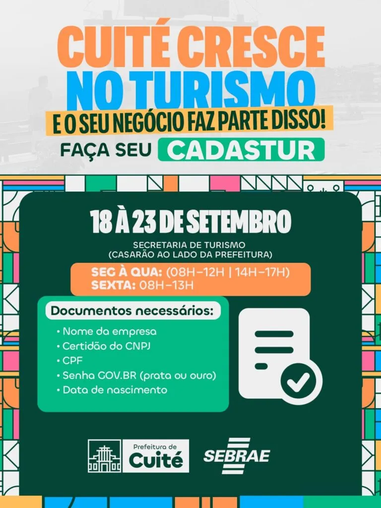 CADASTRO DE EMPREENDEDORES DE TURISMO EM CUITÉ COMEÇA NESTA SEXTA (18)